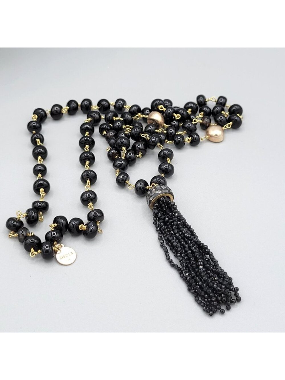 Joya Polished Black Beaded Long Flapper Necklace With Black Crystal Tassel 32"